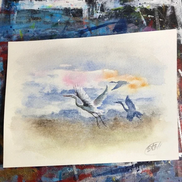 Original Egrets Watercolor Painting Birds Flight Art Landscape Decor Artettina - Picture 1 of 9